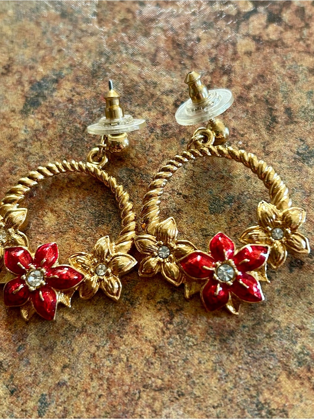 Vintage Gold-Tone Holiday Wreath Earrings with Red Floral Accents - Avon